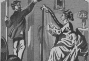 Historische Abbildung - eine Zeichnung - einer Harfenistin und eines Mannes, der gerade aus der Tür geht und sich verabschiedet