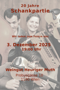 Bild zum 20jährigem Konzert des Ensembles Schankpartie. Es zeigt die vier Musiker:innen mit den Instrumenten und den Hinweis auf die Veranstaltung am 3. Dezember 2025 ab 20 Uhr